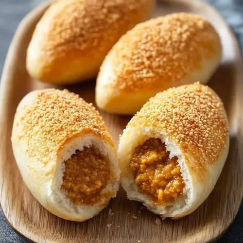 Golden bread rolls topped with crumbs, served on a wooden tray.
