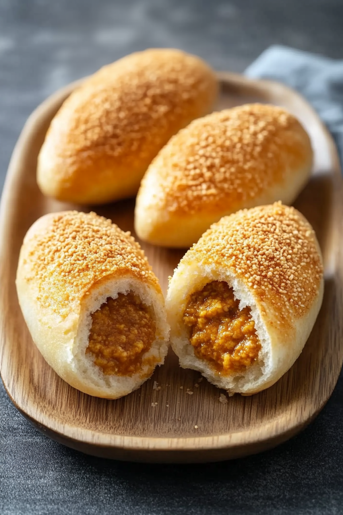 Golden bread rolls topped with crumbs, served on a wooden tray.