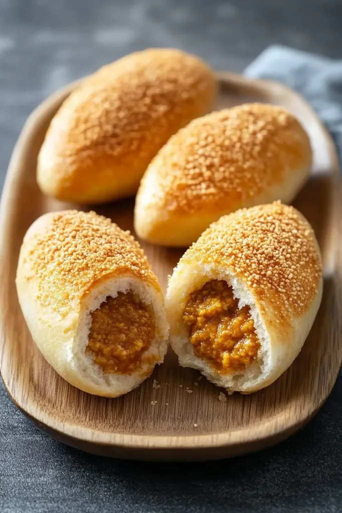 Golden bread rolls topped with crumbs, served on a wooden tray.