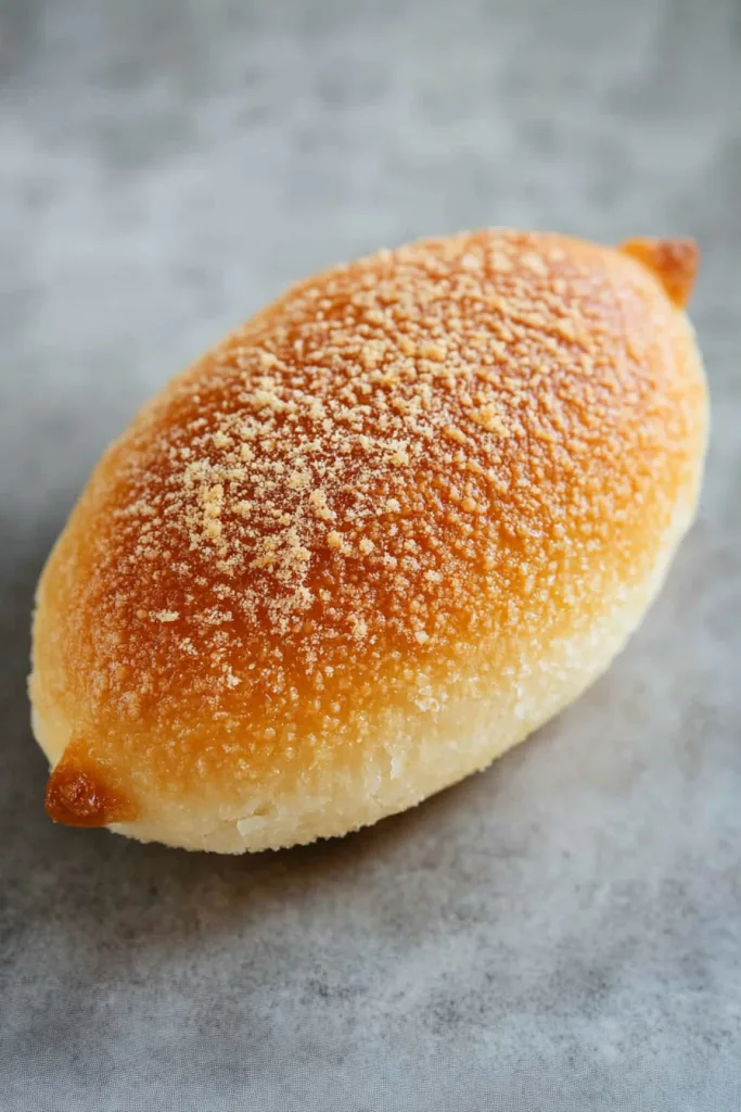 Golden bread roll with a sugarโcoated crust, highlighting its soft texture.