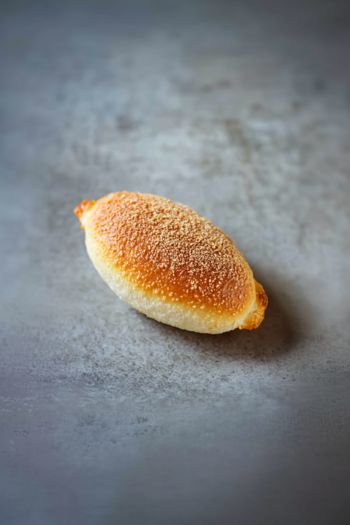 Oval‑shaped bread roll with a glossy finish, sprinkled lightly with crumbs.
