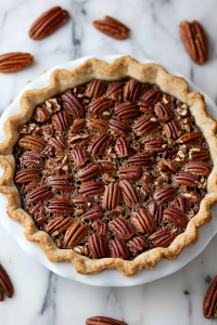 Freshly baked pecan pie with a golden flaky crust and glossy nut filling