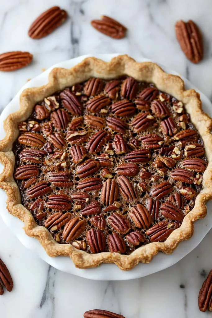 Freshly baked pecan pie with a golden flaky crust and glossy nut filling