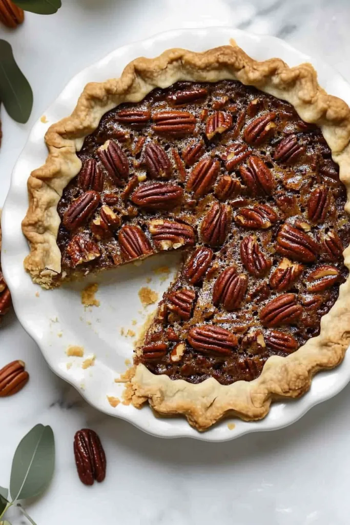 Homemade dessert pie topped with toasted pecans on a white serving plate