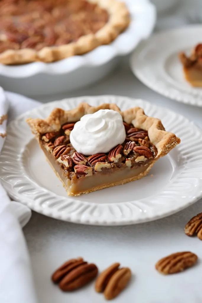 Slice of pecan pie topped with whipped cream on a white plate.