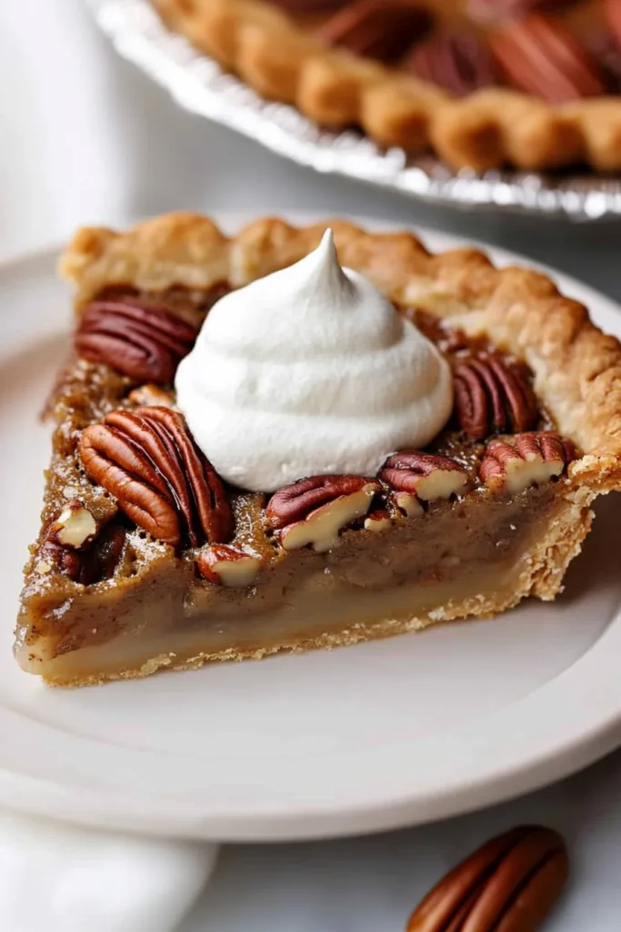Joanna Gaines’ pecan pie presented with a dollop of cream for a rustic finish.