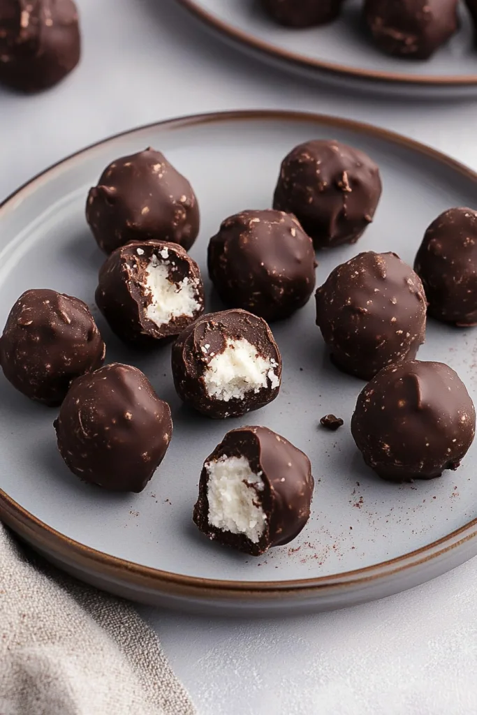 Plate of bite-sized chocolate treats, smooth coating contrasted with rough coconut topping.