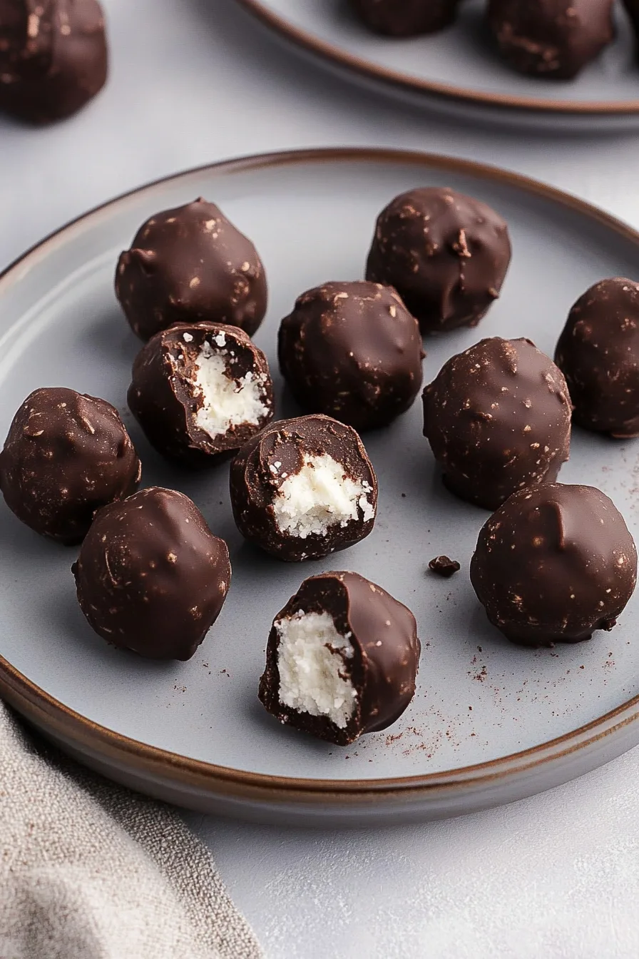 Plate of bite-sized chocolate treats, smooth coating contrasted with rough coconut topping.