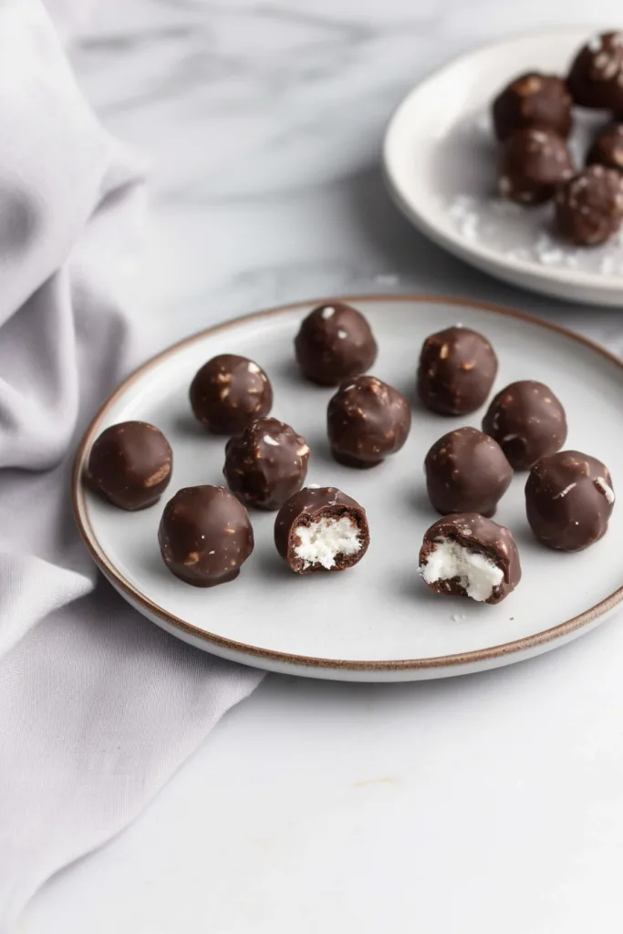 Plate of round chocolate treats, smooth coating contrasted by flaky filling inside.