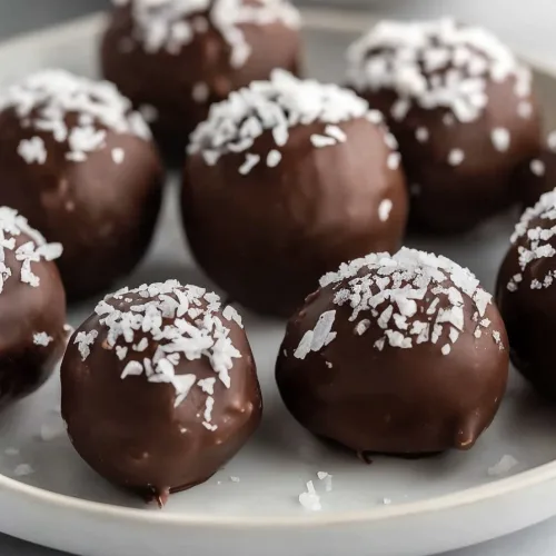 Round chocolate-coated confections topped with shredded coconut, arranged neatly on a white plate.