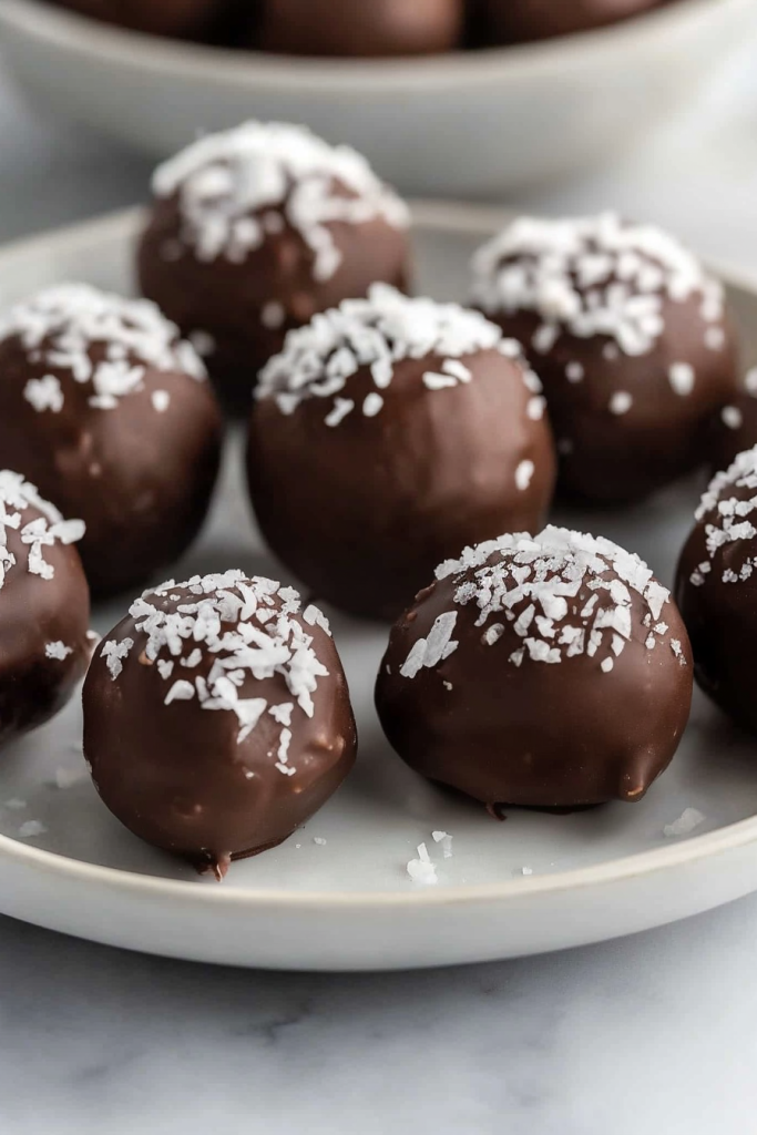 Round chocolate-coated confections topped with shredded coconut, arranged neatly on a white plate.