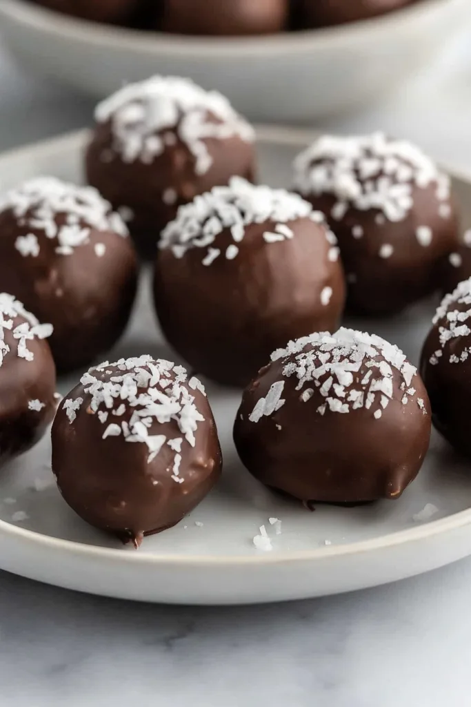 Round chocolate-coated confections topped with shredded coconut, arranged neatly on a white plate.