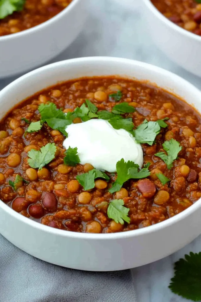 Hearty bowl of chili topped with fresh cilantro and sour cream.