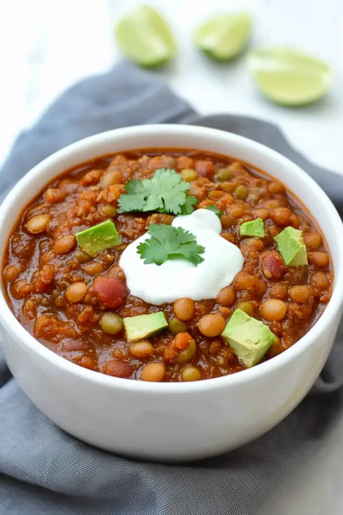 Lentil Chili Recipe served in a simple bowl, highlighting its rustic texture.