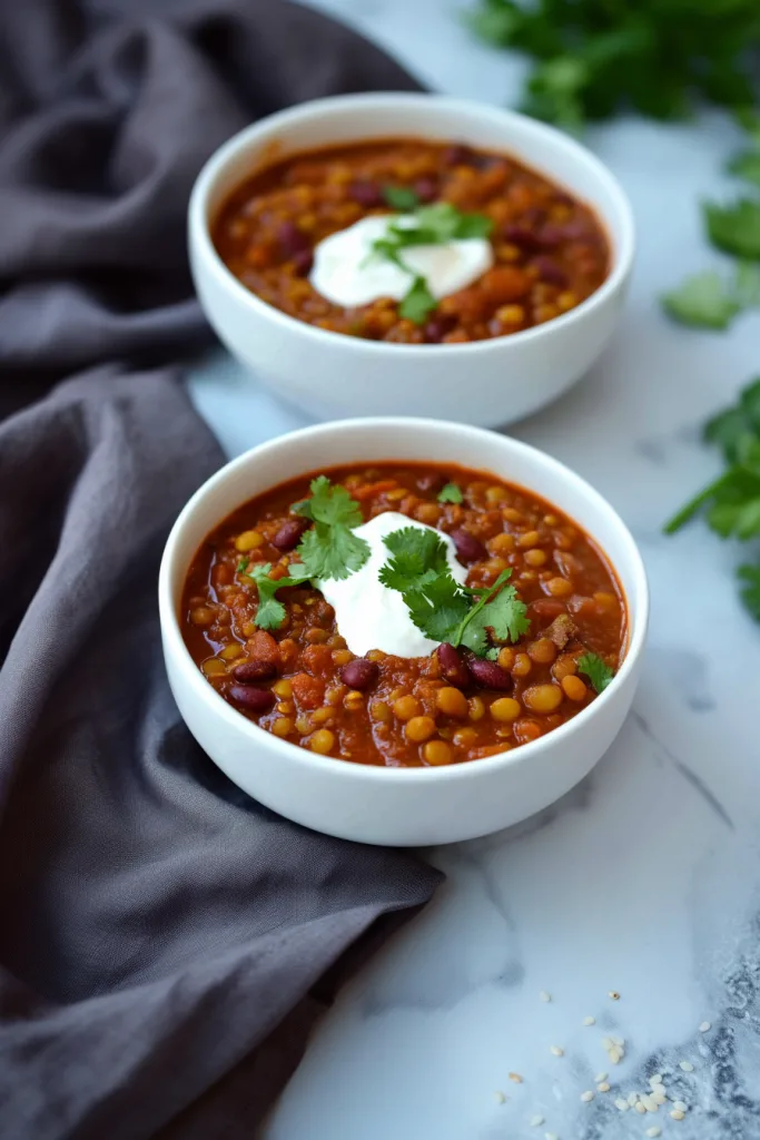 White bowl filled with rich, comforting chili on a gray cloth.