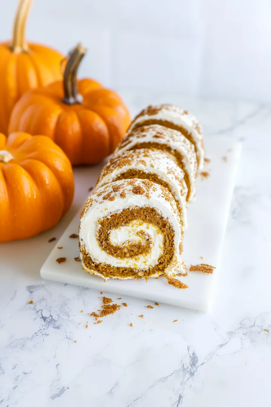 Autumn-themed presentation of pumpkin roll with decorative mini pumpkins in the background.