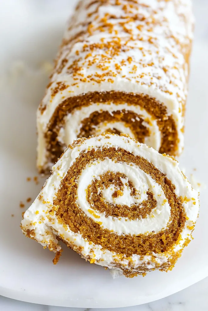 Libbyโs Pumpkin Roll Recipe finished dessert, sliced to reveal the spiral of spiced cake and filling.