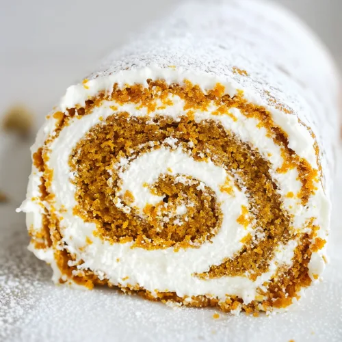 Pumpkin roll dusted with powdered sugar, showing the swirl of cream cheese filling inside.