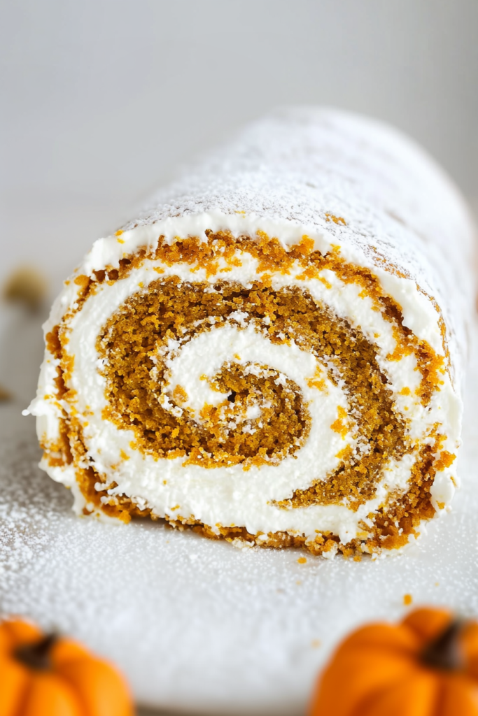 Pumpkin roll dusted with powdered sugar, showing the swirl of cream cheese filling inside.
