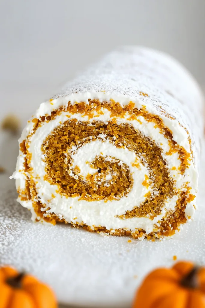 Pumpkin roll dusted with powdered sugar, showing the swirl of cream cheese filling inside.