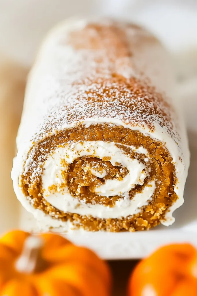 Golden-brown pumpkin roll on a light surface, showcasing the contrast between spiced cake and smooth filling.