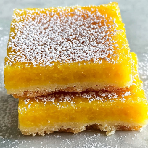 Cut squares of tropical dessert showing the vibrant yellow center against a pale crust.
