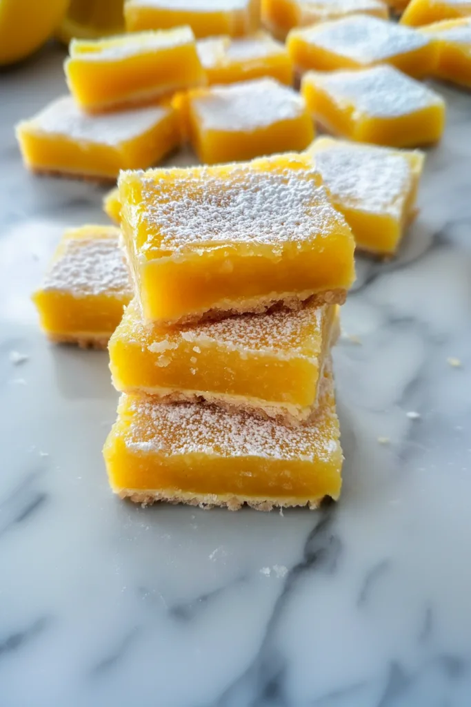 Golden passionfruit bars stacked neatly on a plate, dusted with powdered sugar.