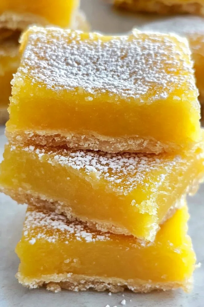 Close-up of bright yellow dessert squares with a crumbly crust and soft filling.