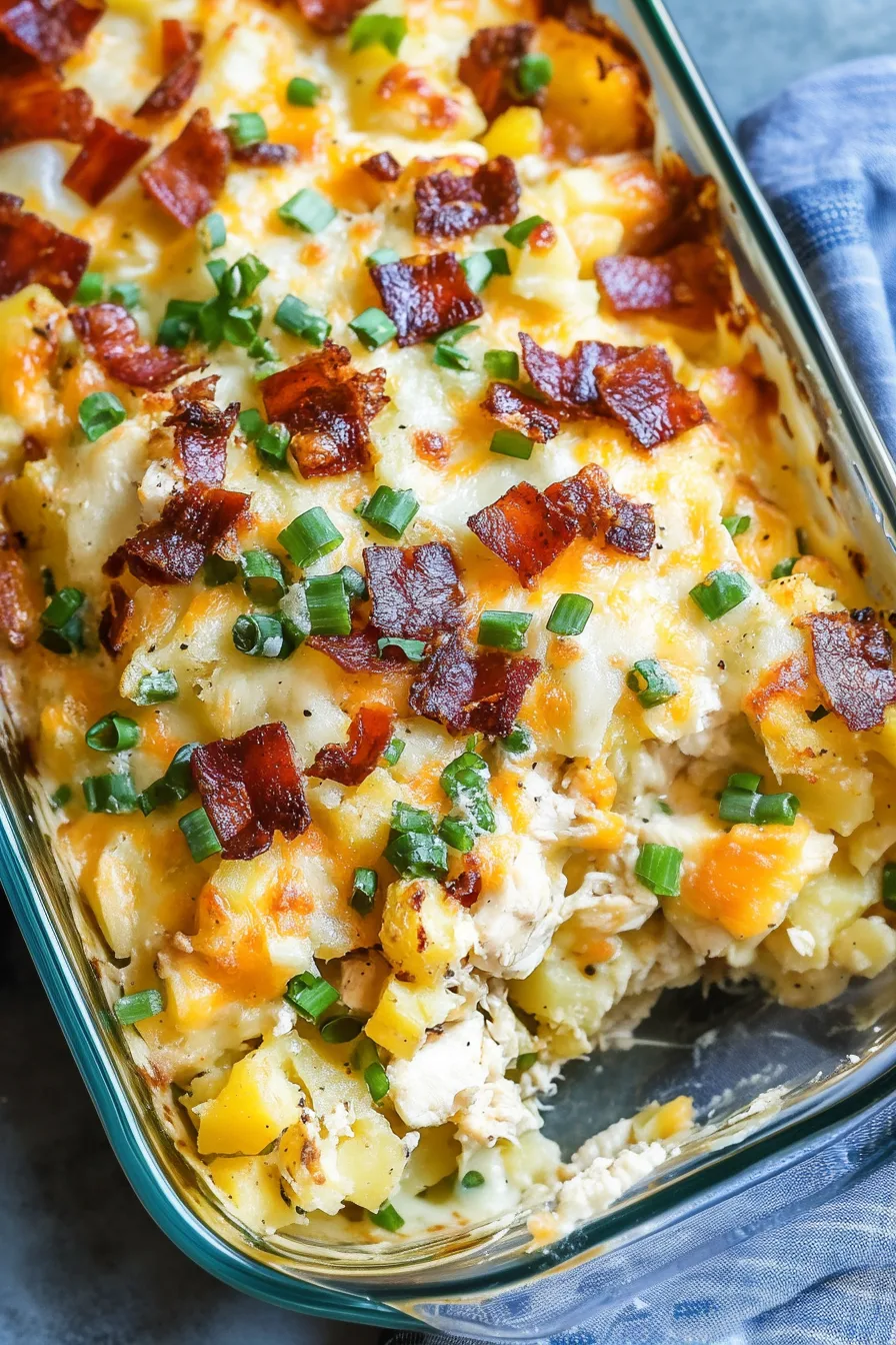Hearty dinner casserole featuring roasted potatoes, juicy chicken, and a cheesy bacon topping