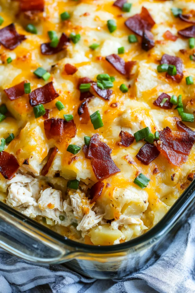 Comfort food casserole fresh from the oven with shredded chicken, potatoes, and cheese
