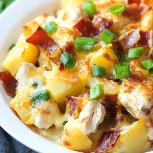 Golden baked casserole with tender chicken, melted cheese, bacon pieces, and scallions