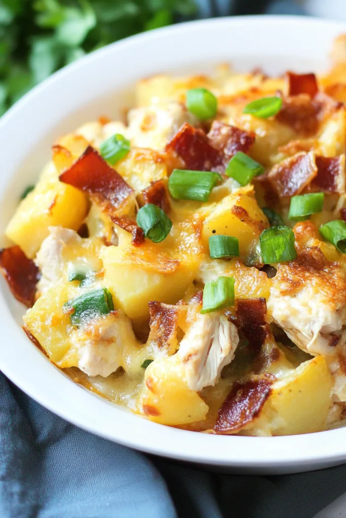 Golden baked casserole with tender chicken, melted cheese, bacon pieces, and scallions