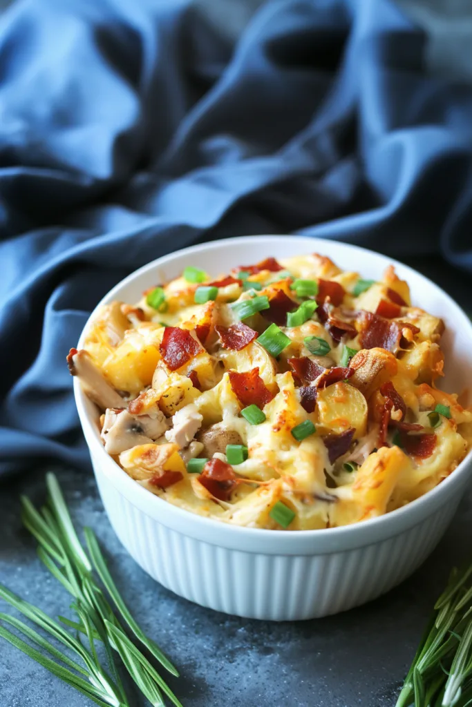 Cheesy chicken and potato casserole topped with crispy bacon and fresh green onions