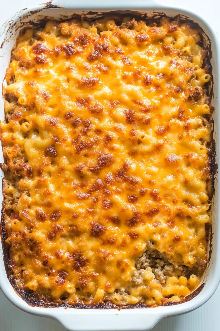 Golden baked casserole with a bubbly cheese crust and creamy pasta inside
