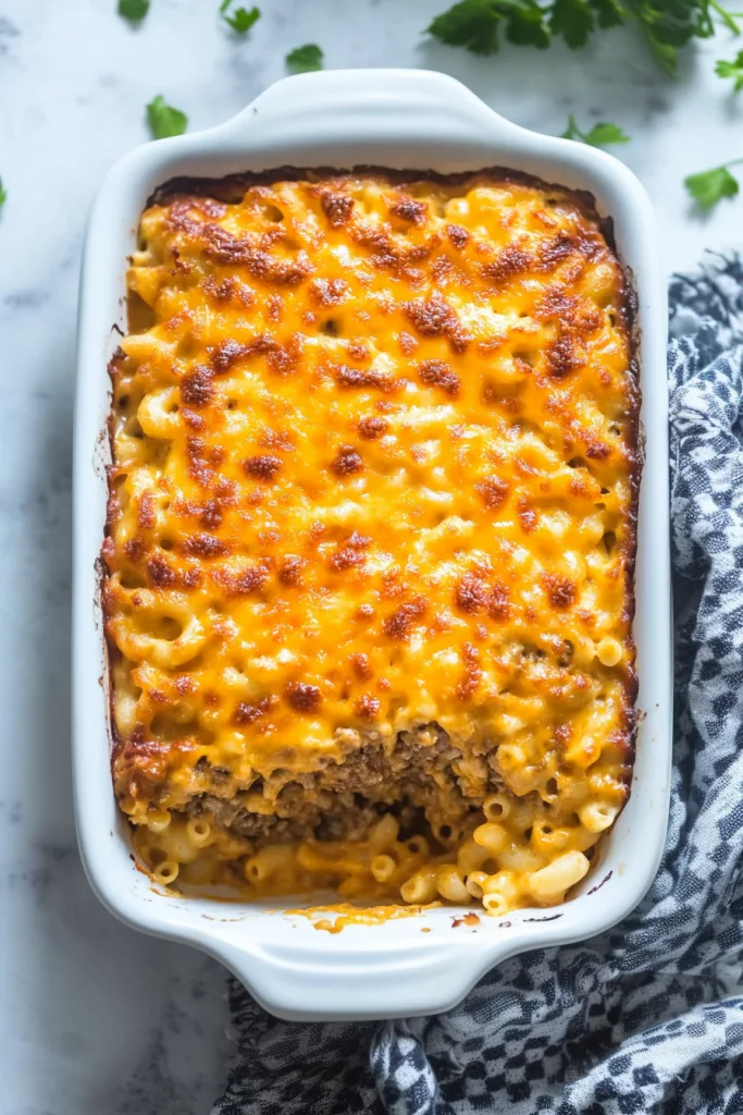 Mac and Cheese Meatloaf Casserole served hot with crisp edges and gooey center
