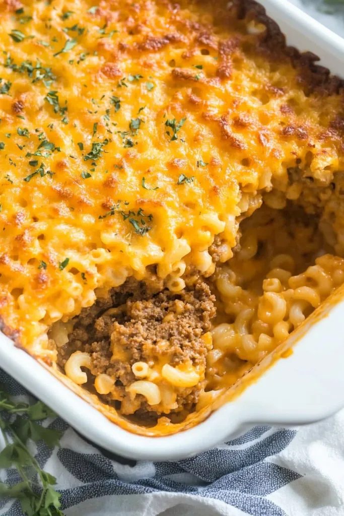 Rectangular baking dish showing scooped portion of cheesy pasta and meat filling
