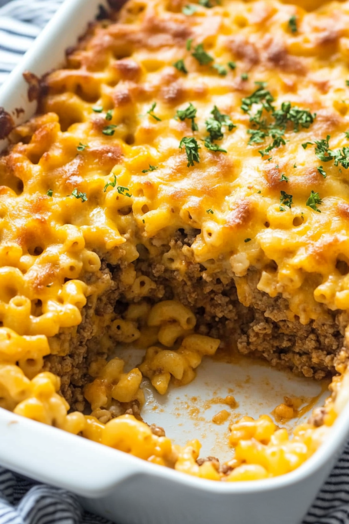 Comfort food casserole highlighting browned cheese topping and hearty layers