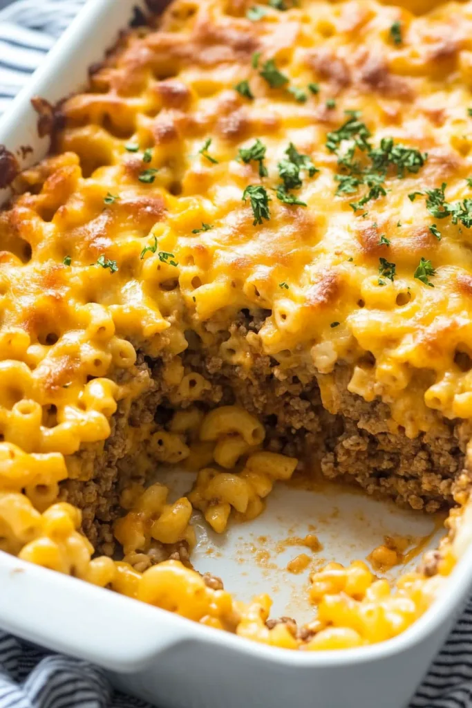 Comfort food casserole highlighting browned cheese topping and hearty layers