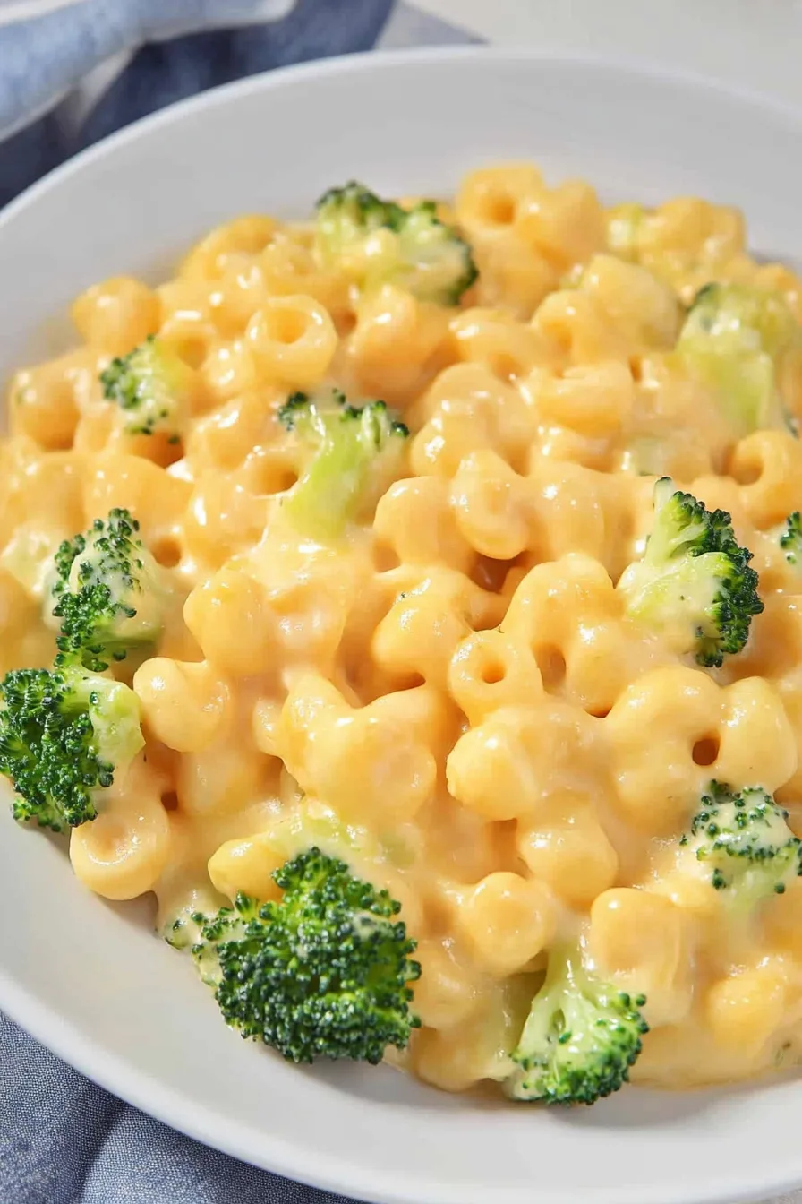 Freshly prepared comfort food featuring creamy pasta and crisp-tender broccoli