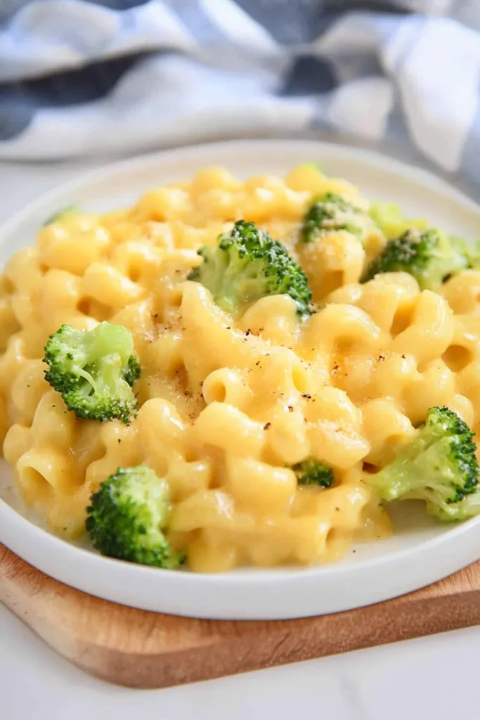 Golden, velvety cheese-covered pasta served with steamed broccoli
