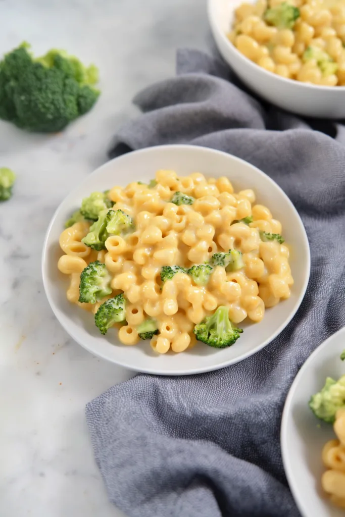 Creamy pasta coated in a rich cheese sauce with tender broccoli florets