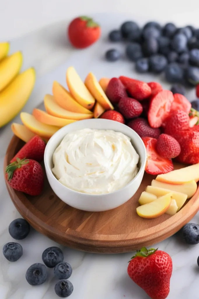 Fluffy marshmallow cream cheese dip served in a white bowl with fresh fruit slices on the side