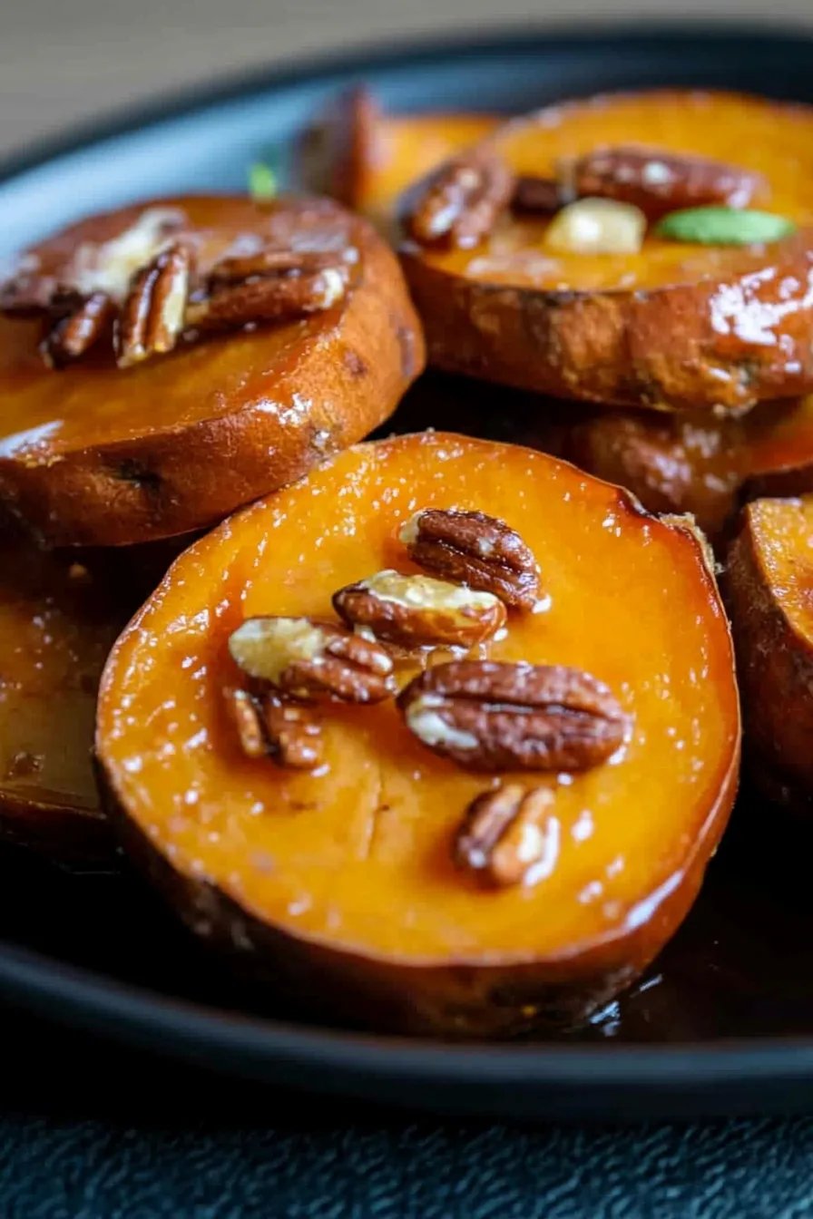 Final shot of the melting sweet potatoes recipe, highlighting rich glaze and nutty topping.