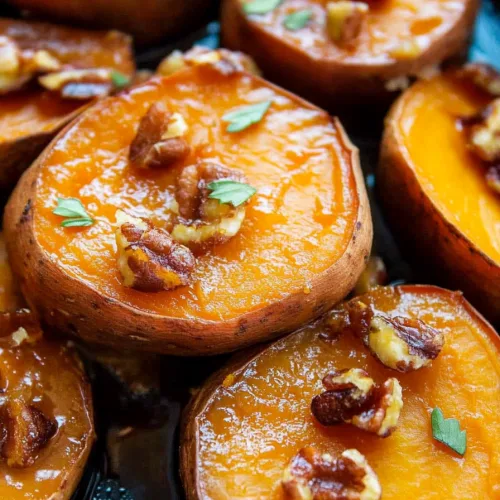 A serving of roasted sweet potato rounds with pecans and buttery glaze.