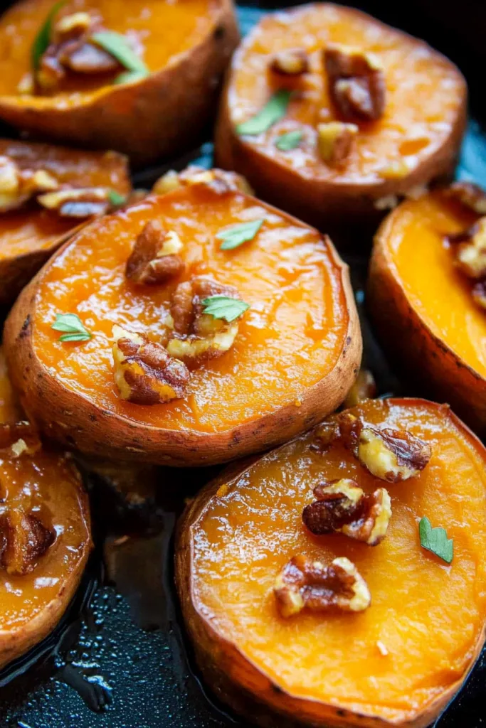 A serving of roasted sweet potato rounds with pecans and buttery glaze.
