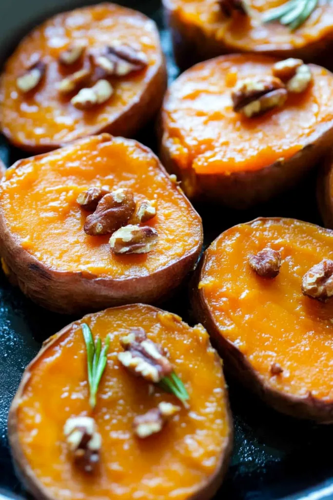Dark plate of glazed sweet potato slices topped with pecans.