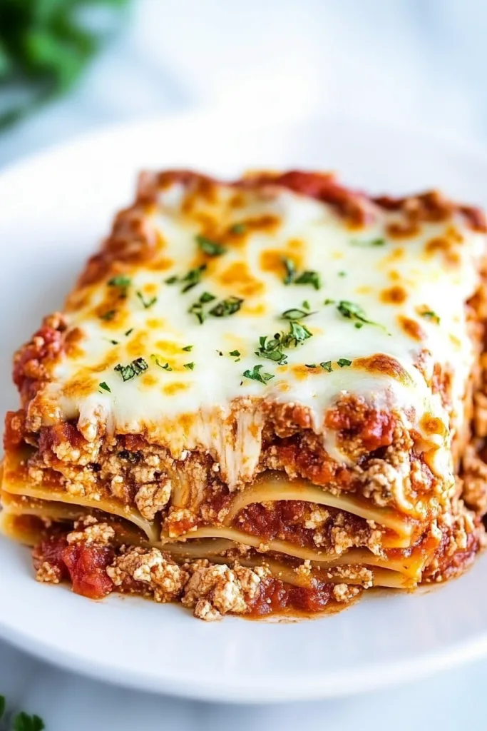 Million Dollar Lasagna plated with parsley garnish, highlighting its creamy layers.