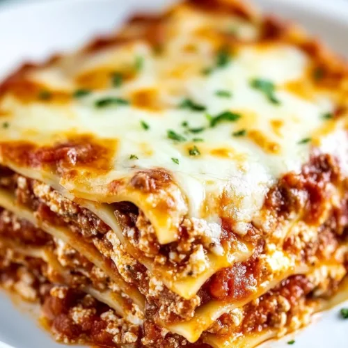 Close-up of baked pasta sheets stacked with meat sauce and ricotta.
