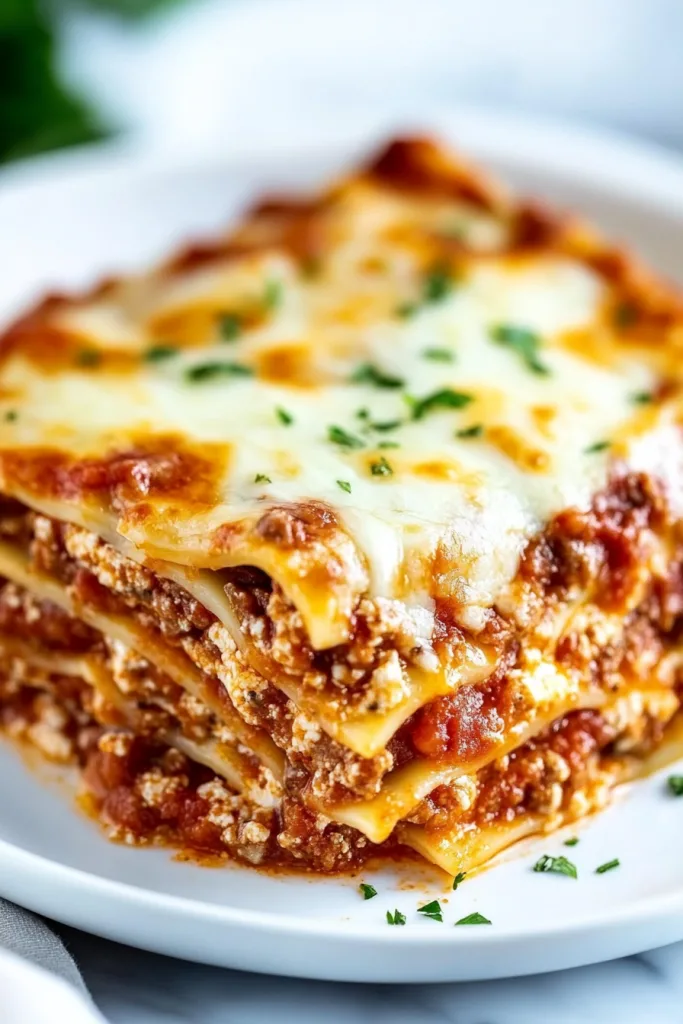 Close-up of baked pasta sheets stacked with meat sauce and ricotta.