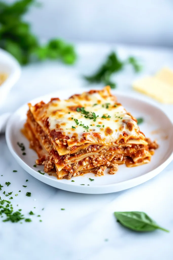Hearty lasagna served on a white plate, showing rich tomato and cheese layers.